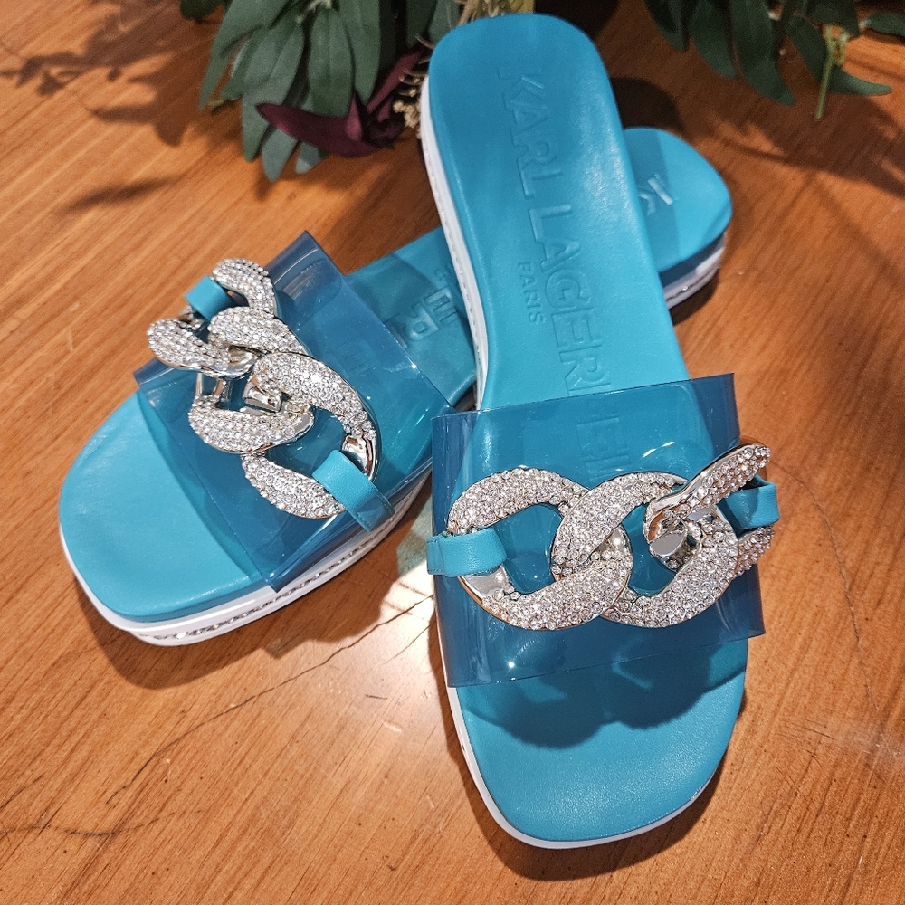 Karl Lagerfeld Jazelle Rhinestone Chain Slides Blue Sz 9.5 - Picture 11 of 11